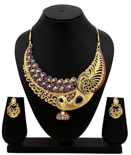 Peacock Shape Gold Plated Kundan Multicoloured Necklace Set