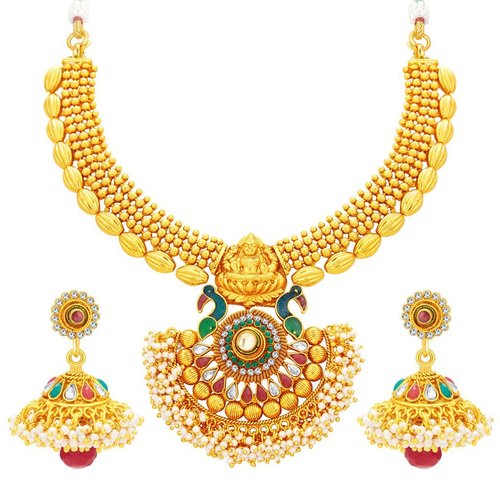 Goddess Laxmi Peacock Necklace Set - Alloy, Size: Necklace 9.5x15 cm, Earrings 2.5x1.5 cm | Traditional Jewelry for Women, Ideal for Wedding and Engagement