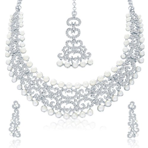 Rhodium Plated Alloy AD Necklace Set - Necklace 15.24cm, Earring 6cm, Maangtikka 13cm | Fashion & Costume Jewelry for Women, Ideal for Weddings and Parties