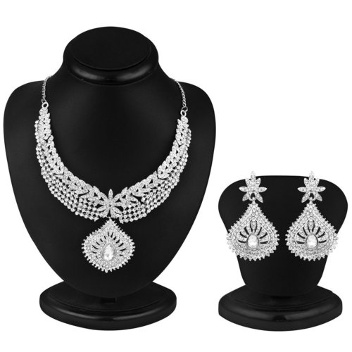 Rhodium Plated AD Stone Necklace Set - Zinc Casting Material 3.6" Necklace & 2.75" Earrings Sizes | Fashion & Costume Jewelry for Women Ideal for Weddings Engagements and Parties