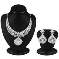 Rhodium Plated Ad Stone Necklace Set - Zinc Casting Material, 3.6" Necklace & 2.75" Earrings Sizes | Fashion & Costume Jewelry For Women, Ideal For Weddings, Engagements, And Parties