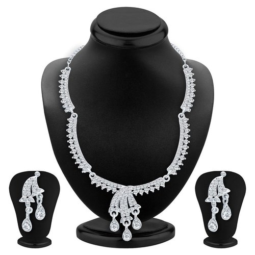 Fabulous Rhodium Plated AD Necklace Set - Alloy, Necklace L: 9.5 cm B: 12 cm | Zircon and Crystal Stones, Perfect for Weddings and Parties
