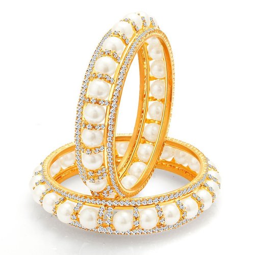 Designer Gold Plated Pearl Crystal AD Bangles