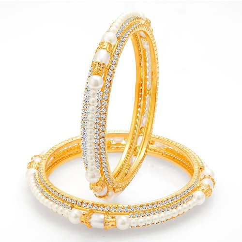 Gold Plated Pearl AD Bangle - Alloy Material, Size 2:2 | 2:4 | 2:6 | 2:8 , Perfect for Wedding, Engagement, and Festive Occasions