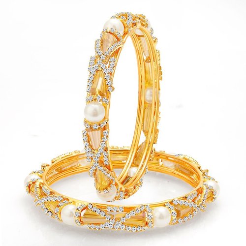 Designer Gold Plated Pearl Crystal AD Bangle
