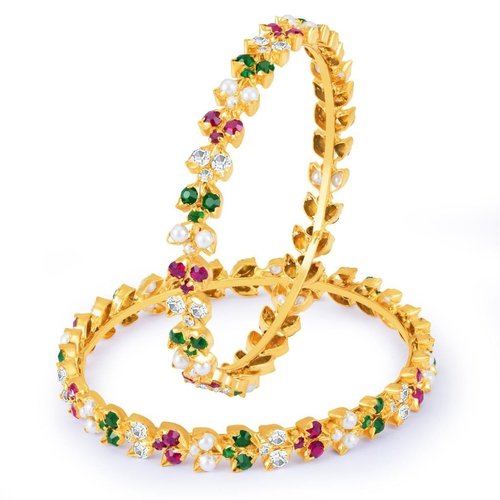 Fancy Maroon, Green and White Colour Stone with Pearls Studded Bangles