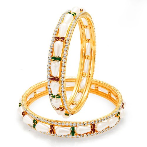 Gold Plated Pearl AD Bangle - Alloy Material, Sizes 2:2 to 2:8 , Elegant Rhinestone Accents for Weddings and Festive Occasions