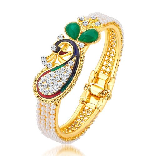 Pecock Gold Plated AD Kada - Alloy Material, Weight 40g | Crystal and Rhinestone Accents, Ideal for Weddings, Engagements, and Festive Occasions