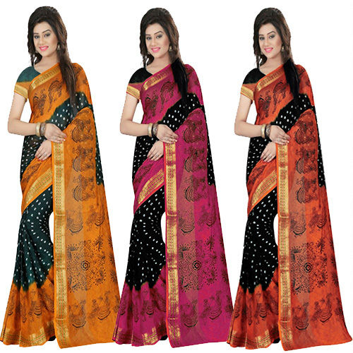 Embroidered Jacquard Silk Bandhani With Print Saree