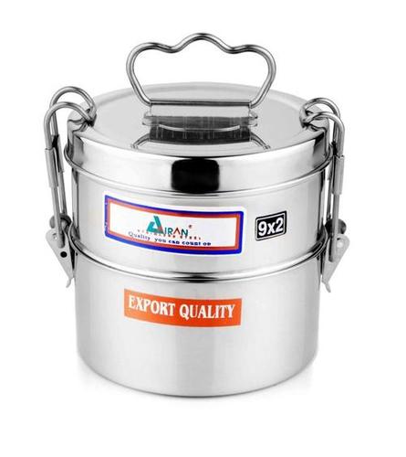 TRAVELLING TIFFIN 9X2 - Stainless Steel, 9x2 Inches | Double Layered, Leakproof, Metal Handle, Portable Design