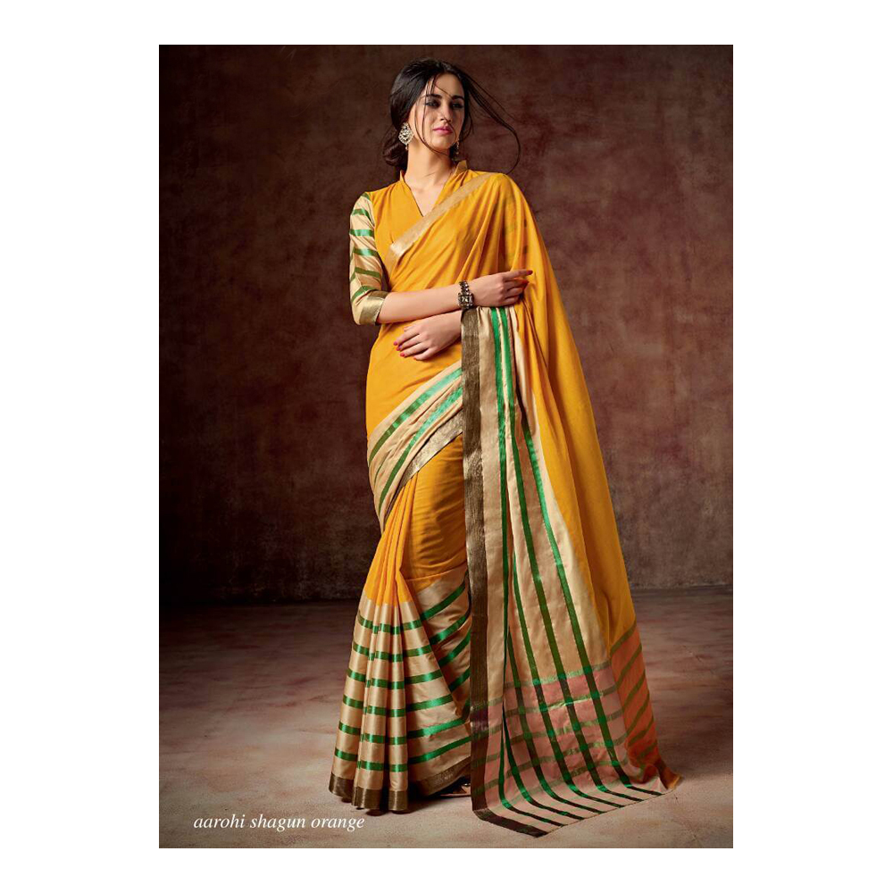 Yellow With Beige Golden Green Sarees