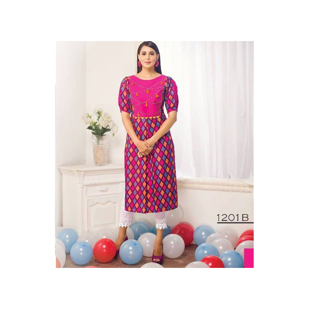 Fuschia Silk Printed Kurtis