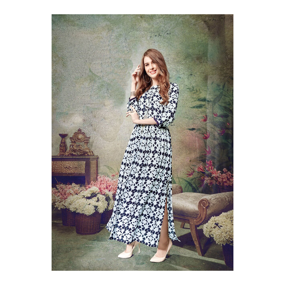 Cotton Rayon White Navy Gown
