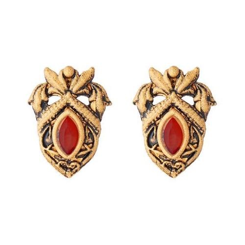 Red Studded Traditional Gold Plated Alloy Stud Earring - Alloy Round Shape 10g | Unique Craftsmanship Commemorates Special Occasions Symbolizes Love & Eternity