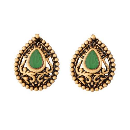 Designer With Green Colour Stone Alloy Stud Earring - Alloy Material 10 Grams Round Shape Crystal Stone Unique Craftsmanship Symbolizes Love & Eternity