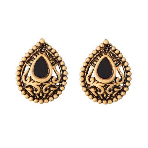 Designer with Black Colour Stone Alloy Stud Earring - Alloy Round Shape Crystal Stone Unique Design Symbolizing Love & Eternity for Special Occasions