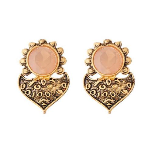 Alloy Earring - Round Shape Design Framed in Gold Peach Crystal Accents for Women and Children | Perfect for Anniversaries Weddings and Parties