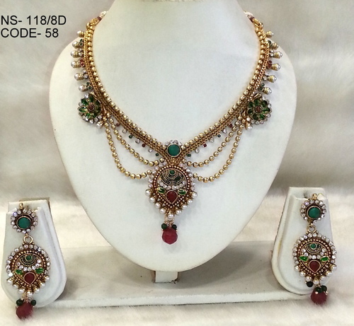 Antique Necklace Set - Copper Alloy, Matching Earrings with Ethnic Motifs | Durable, Lightweight, Smooth Edges, Impeccable Stone Setting