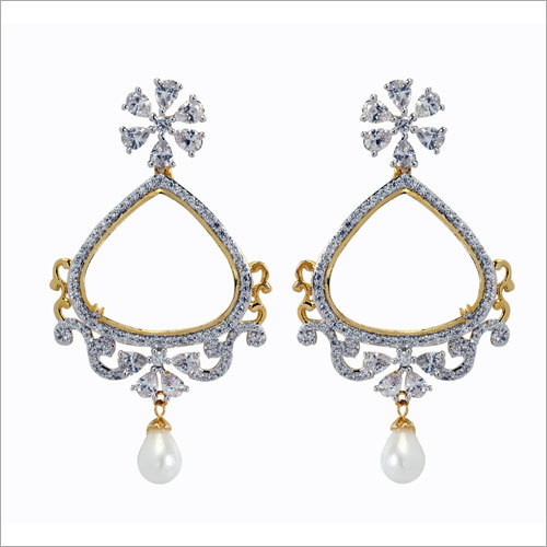 Diamond Jharokha Earring - Gold Lace with Silver Diamonds 1 Inch Round White Dangling Pearl | Ideal for Engagement Anniversary and Weddings