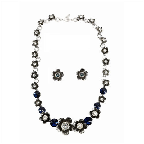 Starburst Sparkle Necklace Set - Sterling Silver Lace, 20-40 Grams | Elegant Floral Design with Blue Stones and Matching Flower Earrings for Weddings and Gifts