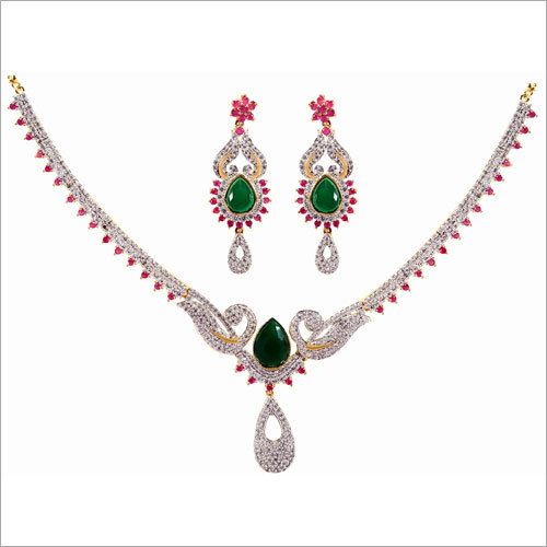 Ladies Elegant Necklace Set - White Gold, 20-50 Grams | Silver Diamonds, Exotic Green and Pink Stones, Matching Earrings, Perfect for Weddings and Parties