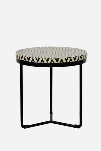 Handmade Metal Base Bone Inlay Round Top Side Stool