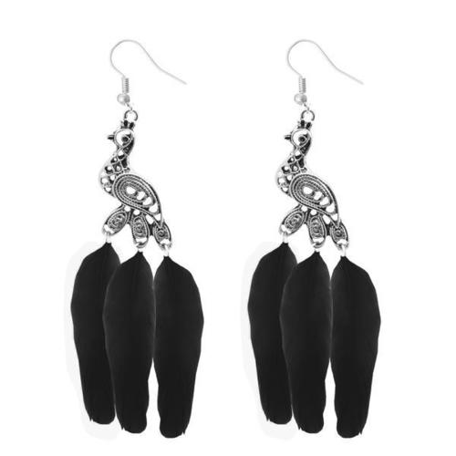 Tassel Blue Feather and Silver Peacock Tassel and Dangle Earrings - Alloy Material Elegant Three Leaf Design Perfect for Parties and Weddings Stunning Gift Option