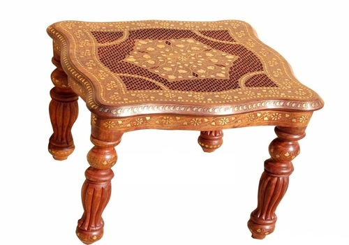 Brass inlaid Hand Carved Side Table