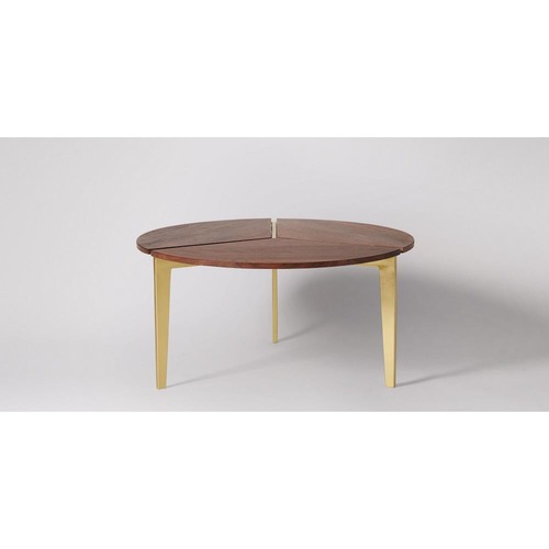 Round Coffee Table - Solid Acacia Wood, 80x80x40 cm , Elegant Brass Frame, Indian Style