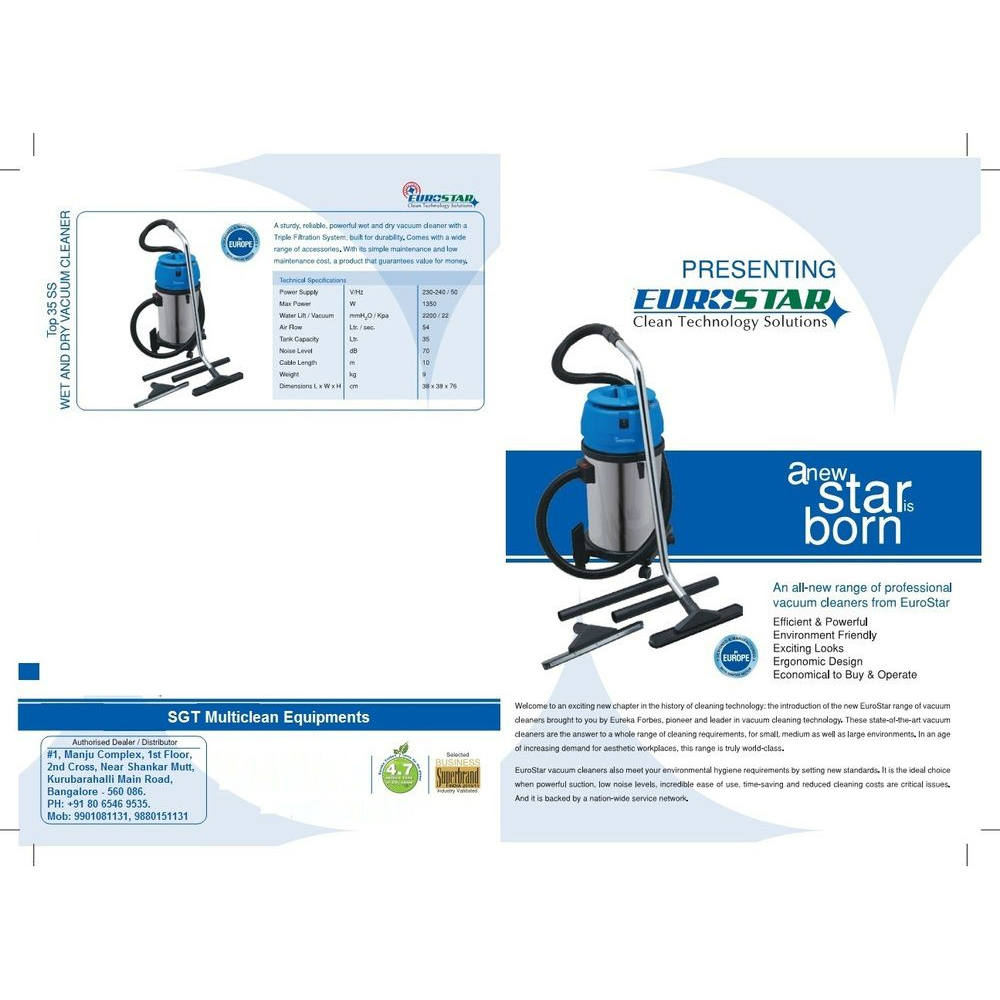 Eurostar Wet & Dry Vacuum Cleaner - Stainless Steel, 36x36x76 cm | Powerful 1350W Ametek Motor, Triple Filtration System, Excellent Suction Capacity with 22 kPa