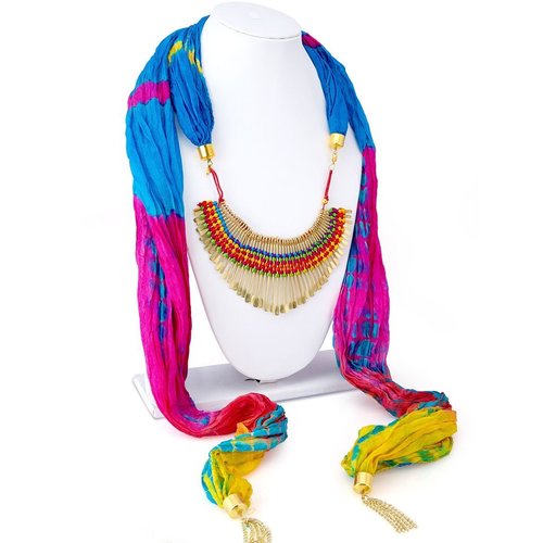 Multicolored Beads Silk Detachable Scarf Necklace With Chain