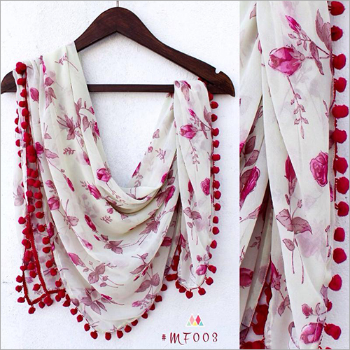 Cotton Fashion Stole - Machine Made, Printed Design with Fringe Closure in White and Pink for Daily Women's Wear