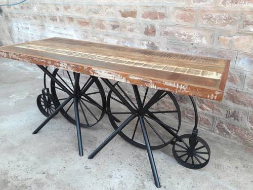 Double Wheel Base Industrial Dining Table - Recycled Solid Wood Top 180W*90D*90H cms | 100% Handcrafted, Modern Design, Iron Wheel Base