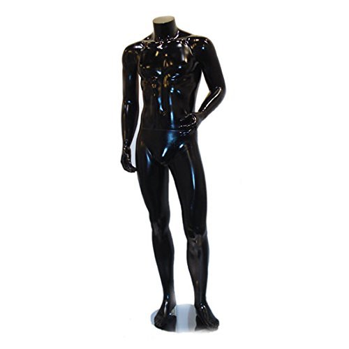 Male Headless Black Gloss Mannequins MH09 - Fiberglass, Medium Size, Black Gloss Finish | Adult Male, Standing Posture, Fix Pose, Without Wig