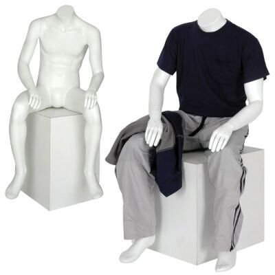 Male Headless Sitting White Matte Mannequin MH06 - Fiberglass, Medium Size, White Gloss Finish | Adult Male, Fixed Pose, Headless Design