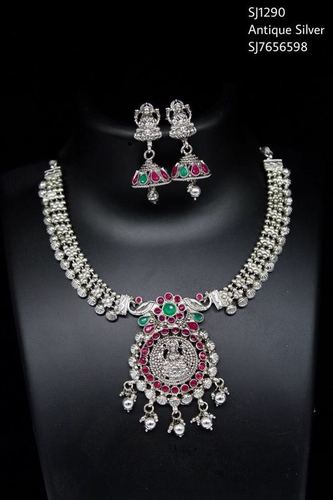Silver Green And Red Stones Temple Necklace