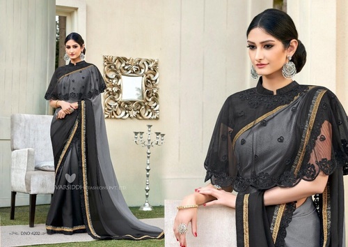 Embroidered Poncho Designer Saree - Chiffon Georgette, Black & Grey Shade with Lace and Cut Embroidery Work