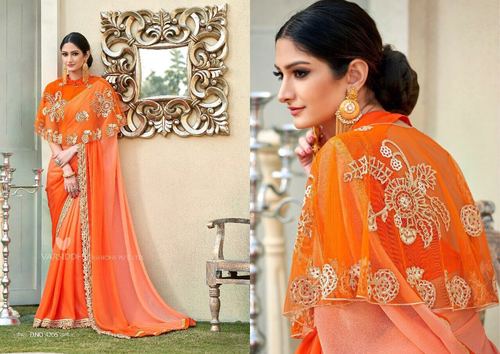 Chiffon Georgette Saree - Shaded Orange, Beautiful Cut Embroidery & Lace Work, Customizable Blouse Options