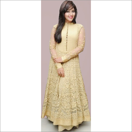 Ladies Party Wear Suit - Net Fabric, Floor Length, Beige, Embroidered | Elegant Design, Vibrant Colors, Durable, Fading Resistant