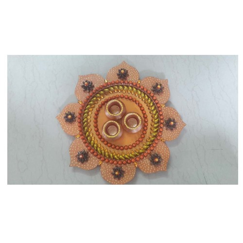 Pooja Thali - Metal And Wood, 12 Inches Diameter, Orange Color | Handcrafted, Floral Shape, Durable, Easy to Clean, Ideal for Multipurpose Use, Includes 3 Diyas
