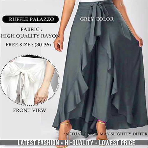 Ruffle Palazzo Grey Color - Rayon, Free Size (30-36) | Stylish, Comfortable, Ruffle Detail, Elasticated Waist, Ankle Length