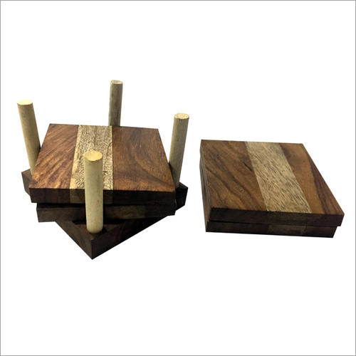 Wooden Tea Coaster With 4 Plates - Wooden, Square, Brown | Four Functional Coasters for Stylish Table Protection