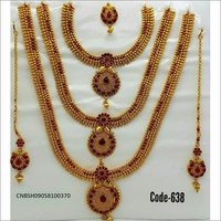 South Indian Bridal Sets - Copper Alloy Jewelry Set | Necklace, Earrings, Clips, Mangtikka, Head Hanglets For Weddings And Special Occasions