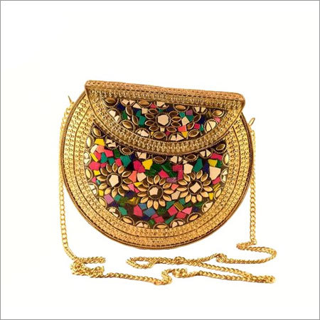 Jaipuri Clutch - Embroidered with Raw Stone Pieces, Velvet Lining & Detachable String