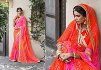 Heavy Border Saree - Georgette Fabric With Foil Print, 5.5 Mtr Length In Vibrant Orange, Resam Embroidery & Eye-catchy Lace Border