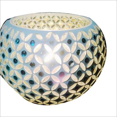 Globe Candle Stand - Glass Metal, 6x6x4 Inches, Light Blue | Elegant Round Mosaic Design, Durable, Easy to Clean
