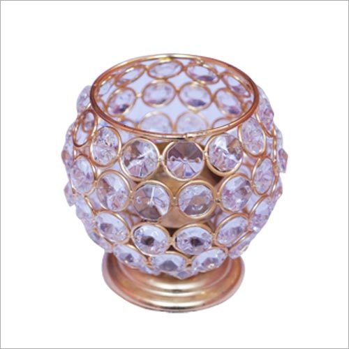 Round Crystal Candle Stand - Metal & Glass, 4x4x5 Inches, Gold | Elegant Design, Crystal Embellishments, Secure Placement