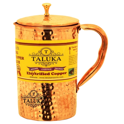 Copper Hammered Jug With Brass Knob Lid - 10x4.5 Inches, 2000 ML Capacity | Antioxidant Copper Design, Promotes Digestive Health, Round Shape