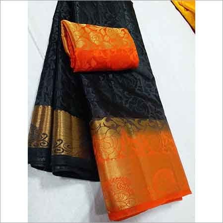 Chiffon Kanchipuram Art Brasso Contrast Saree (Rose Peacock Design)