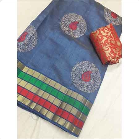 Tussar Silk Round Design Embroderry Saree With Extra Jacquard Blouse